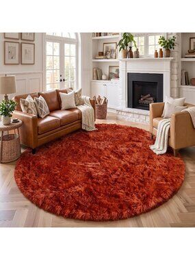 〽️Terracotta Rust Round Area Rug 4Ft Bedroom Living Room Kids Fluffy Shag Carpet
